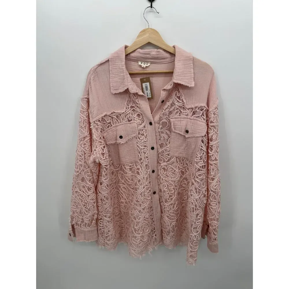 POL Lace Shacket Baby Pink Button Front Overshirt Jacket Women’s Large NWT - Picture 1 of 8